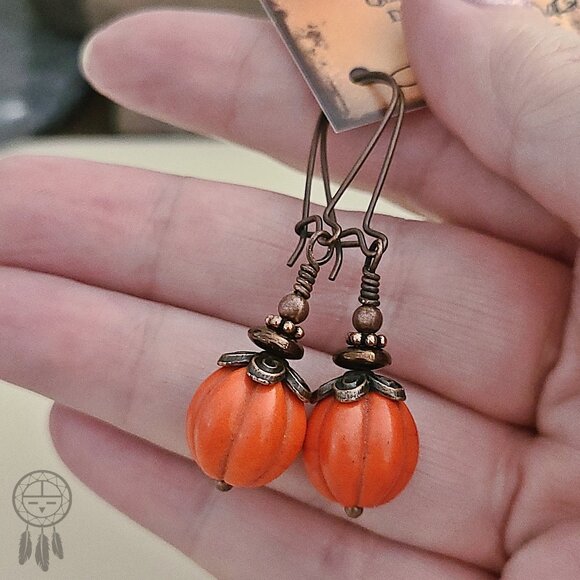 Rustic Orange Pumpkin Earrings Copper And Gemstone Autumn Fall Thanksgiving - Picture 2 of 8